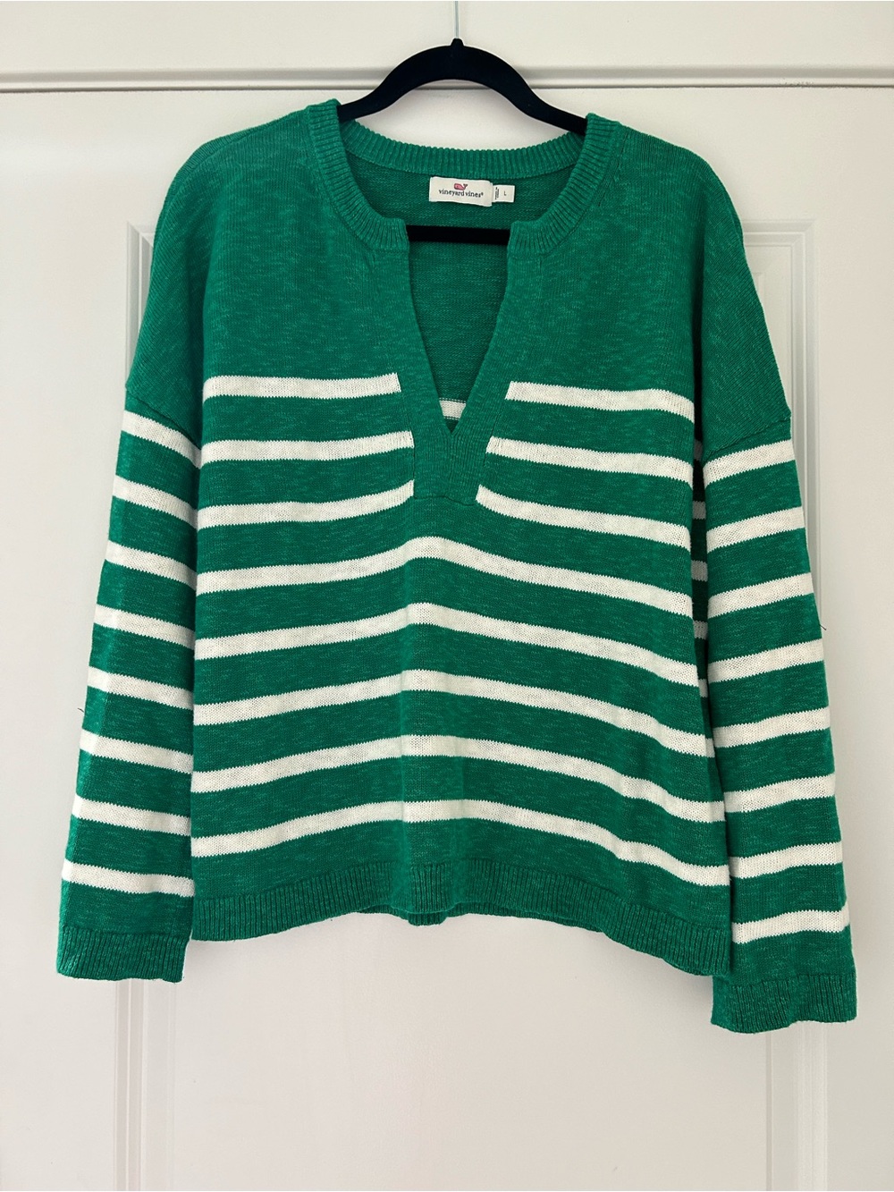 Vineyard Vines Breton Stripe Slub Split-Neck cotton linen blend Sweater Sz L